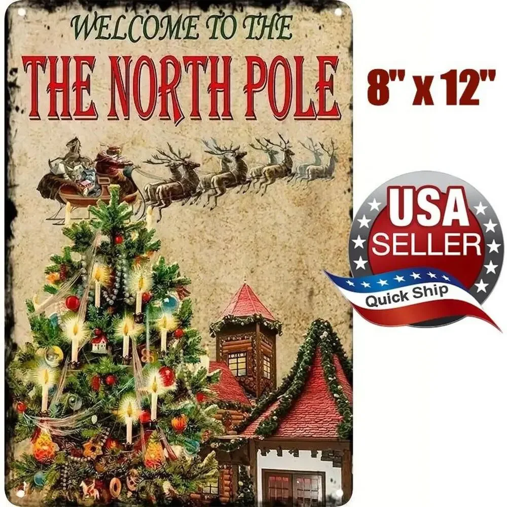 Metal Tin Sign “Welcome To The North Pole” Santa Reindeer Sleigh Christmas Tree